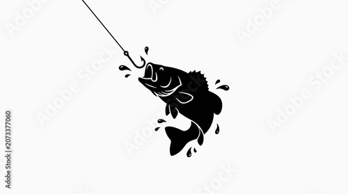 Obraz na plátne Fishing, Fish, Hooked Fish, Black Icon, Vector Graphic isolated on White Backgro