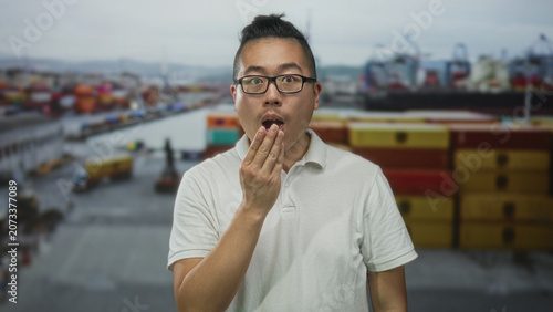 Photography Young chinese man covering mouth with hand at port near stacked shipping containers and cargo ship; amusement
