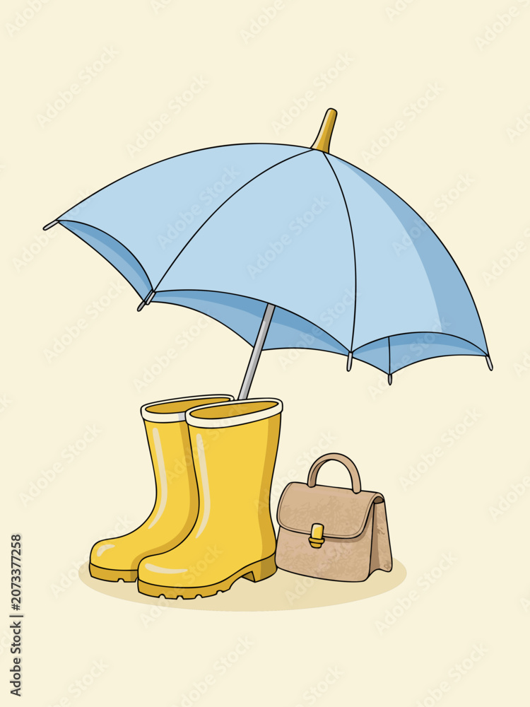 Fototapeta premium umbrella or rain boots and bag