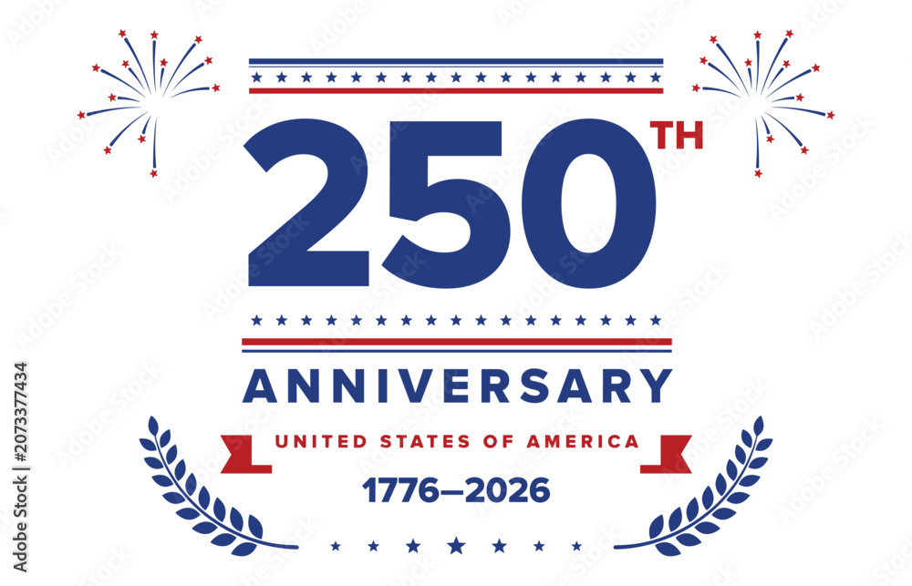 Obraz premium Usa 250th anniversary celebration poster with patriotic fireworks laurel banner and stars vector illustration