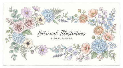 Watercolor botanical frame with colorful hand painted floral elements, botanical