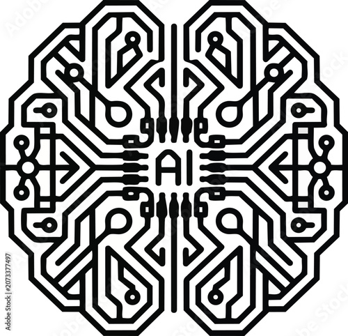 Minimalist vector graphic illustration featuring a stylized brain shaped circuit board pattern with the letters ai at the center for modern technology and computing concepts