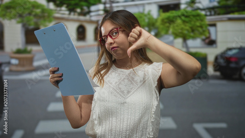 Foto Young woman wearing red glasses holding blue clipboard and reading papers while giving thumbs down on street; disapproval review