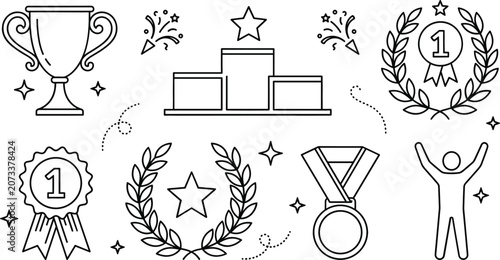 Fotografi Minimalist award and achievement line icon set featuring trophy winner podium la