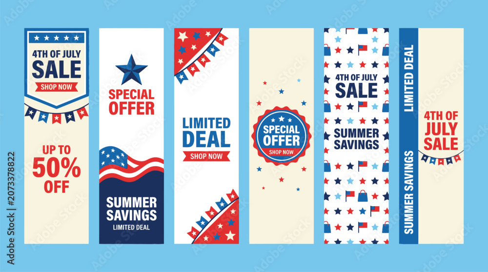 Fototapeta premium Patriotic 4th of July sale banners, American Independence Day promotion vertical web headers, red white and blue summer savings marketing flyers