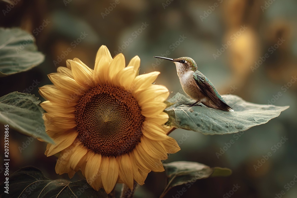 Fototapeta premium tiny hummingbird sitting on a large sunflower