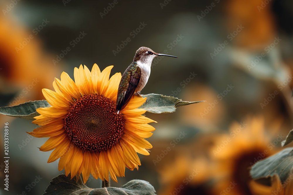 Fototapeta premium tiny hummingbird sitting on a large sunflower