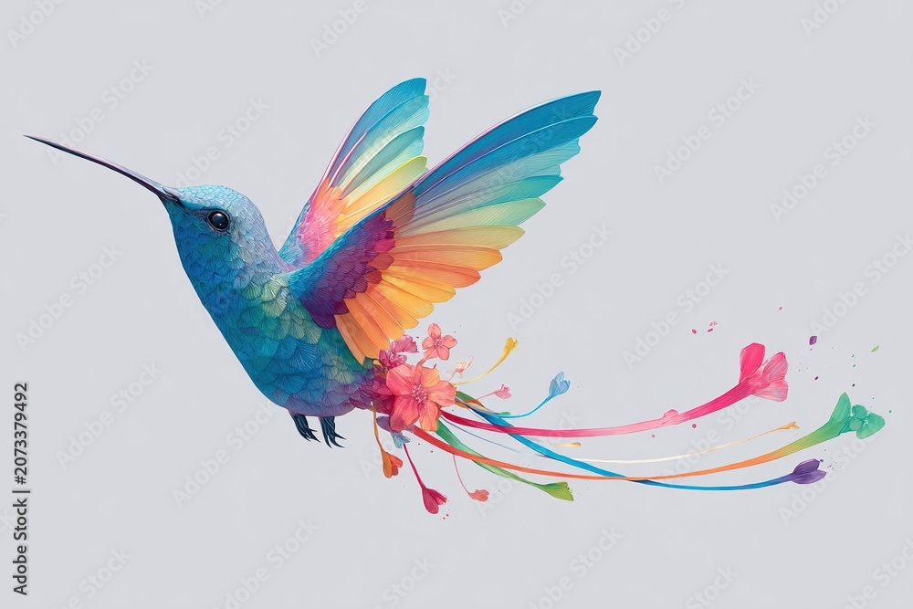 Naklejka premium dreamlike hummingbird with long rainbow tail