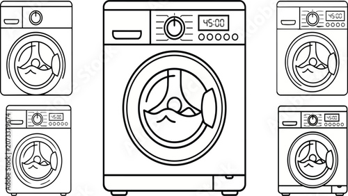 Simple black and white vector illustration set featuring various modern washing machine designs with circular glass doors and digital display panels for clean household laundry tasks