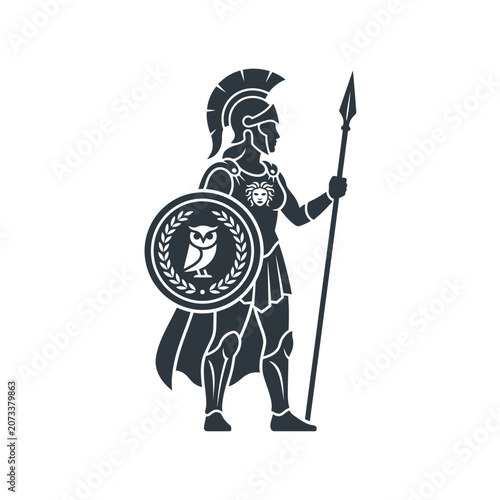 Ancient Greek goddess Athena silhouette with shield and spear.