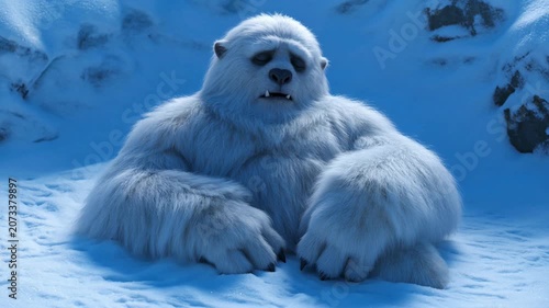 Large White Yeti Resting in a Snowy Mountain Cave