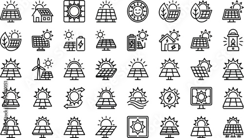 Collection of professional vector graphic icons featuring solar panels and renewable energy concepts designed with clean black lines on a simple white background for designers