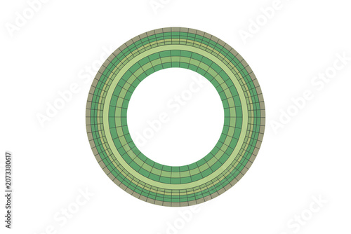 Green and yellow woven circular pattern on white background