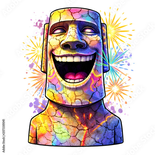 Lachende farbenfrohe Steinstatue mit Feuerwerk und breitem Grinsen als fröhliche Fantasy Illustration