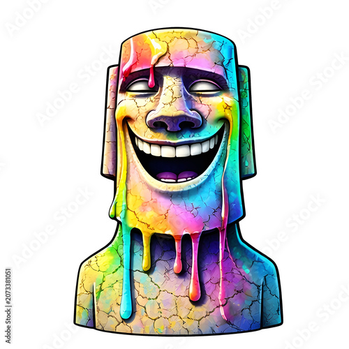 Lachende bunte Steinstatue mit breitem Grinsen in lebendigen Regenbogenfarben
