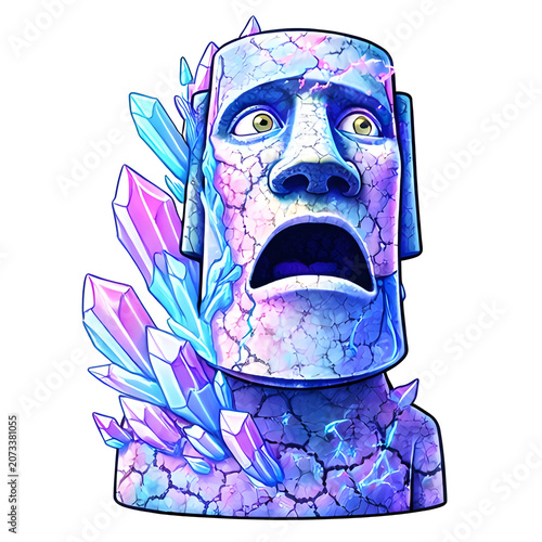Erschrockene Steinstatue mit offenem Mund und leuchtenden Kristallen in surrealen Pastellfarben