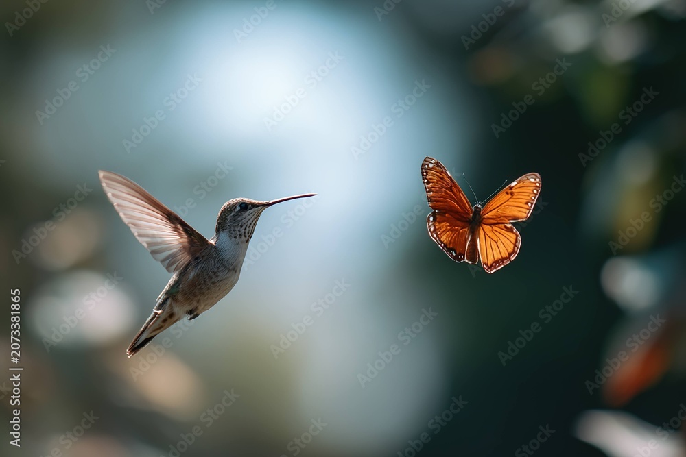 Obraz premium hummingbird and butterfly meeting mid-air