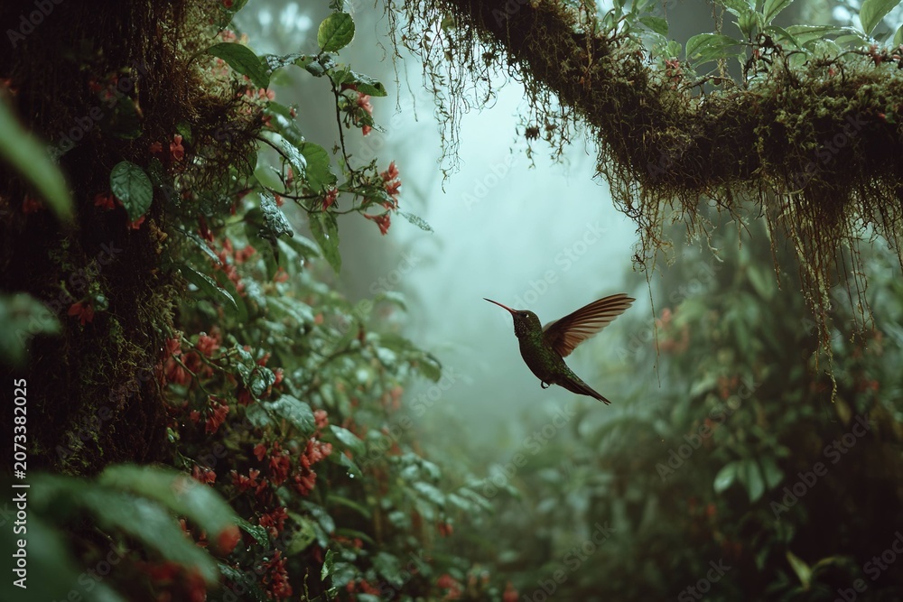 Obraz premium hummingbird hovering in misty rainforest