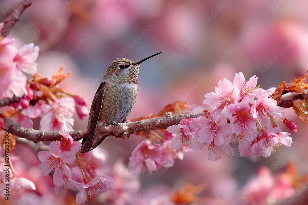 Obraz premium hummingbird in cherry blossom field