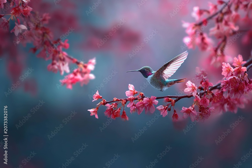 Obraz premium hummingbird in cherry blossom field