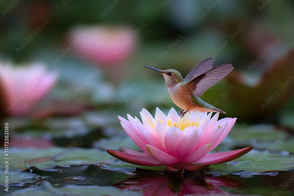 Obraz premium hummingbird resting on floating lotus flower