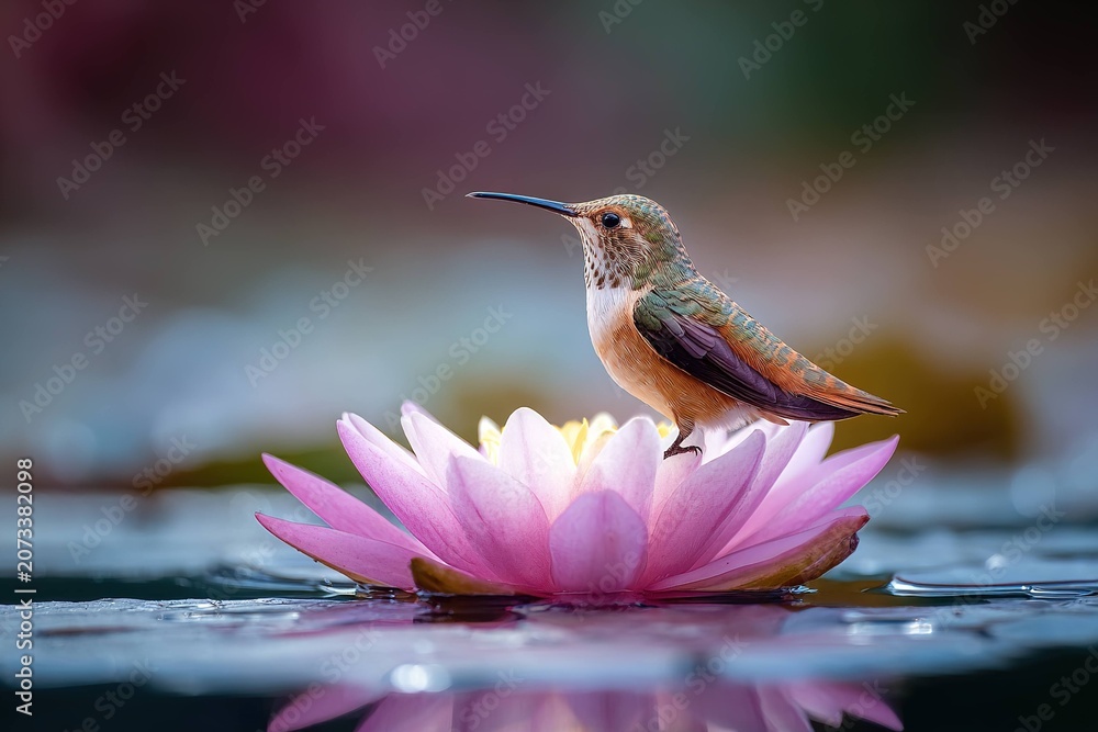 Obraz premium hummingbird resting on floating lotus flower