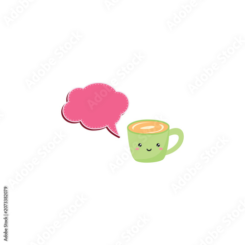 Cute Kawaii Coffee Cup with Pink Cloud Speech Bubble Vector Illustration