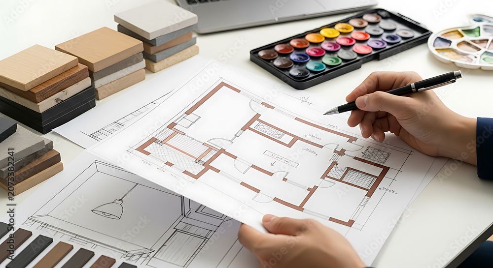 Obraz Architectural floor plan sketch with material samples and watercolor paints blueprint
