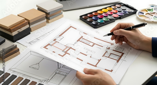 Architectural floor plan sketch with material samples and watercolor paints blueprint