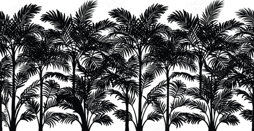 Black and White Silhouette of Tropical Palm Trees and Dense Jungle Forest Background Vector Illustration