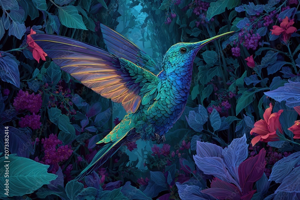 Obraz premium neon-colored hummingbird in futuristic jungle