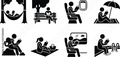 Stick figure icons showing people reading books in various locations including beach airplane train park hammock and swimming pool