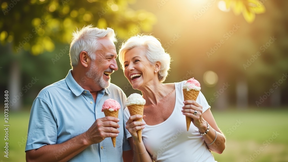 Obraz premium Happy senior couple enjoying ice cream together during warm summer day in green park. Smiling elderly man and woman spending quality time outdoors, celebrating active retirement, healthy aging concept