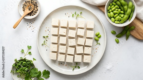 Tofu cubes and fresh edamame with microgreens on white background