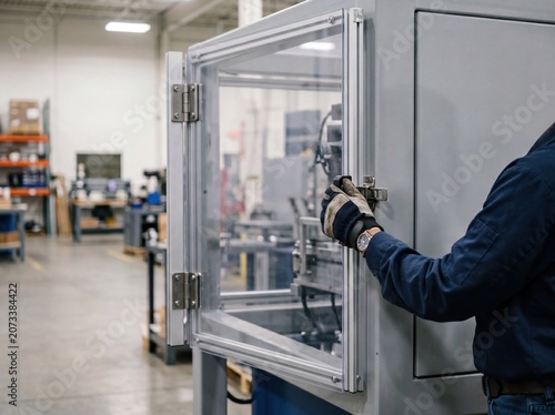 Safety technician testing machine guard interlock in factory