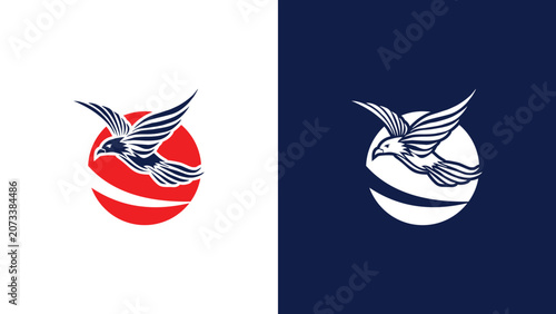 Stylized flying eagle vector logo template for sports team mascot and football club identity branding on isolated background
