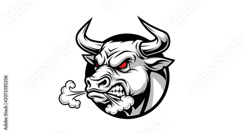 Fierce Charging Bull Head Mascot Graphic Design Featuring Steam Blowing From Nostrils for Sports Team Logo and Aggressive Animal Emblem
