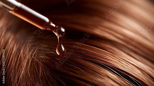 Pipette dropping a vitalizing serum onto the scalp and brown hair, representing a concept of healthy hair growth, deep care, and strengthening treatment with natural ingredients