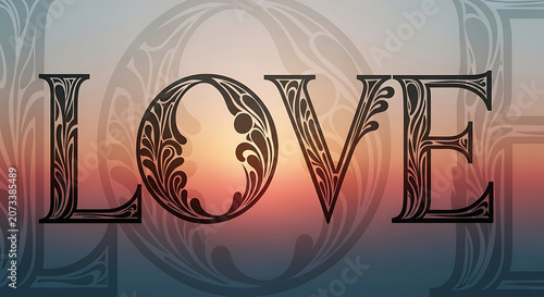 Abstract graphic design of the word LOVE with decorative elements and a sunset gradient background