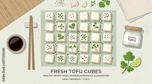 Fresh tofu cubes flat lay illustration for vegan menu