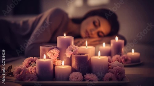Relaxing evening with soft candles and flowers for a calm atmosphere