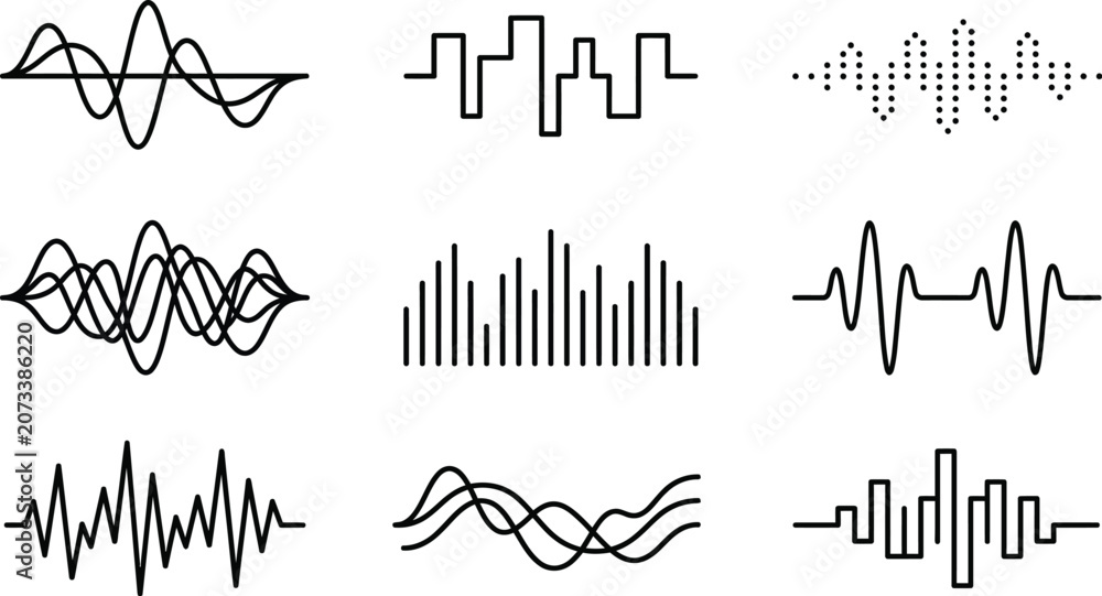 Naklejka premium Audio waveforms display a collection of linear sound frequencies and digital signal variations.