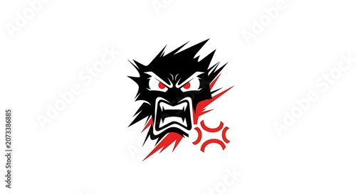 Dynamic and aggressive mascot logo featuring a roaring dark creature with intense red eyes and sharp fangs, paired with a stylized ball, ideal for sports or esports team branding