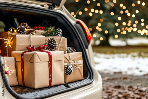 Car trunk packed with wrapped gifts and Christmas decorations. Festive outdoor winter scene with blurred lights. Suitable for holiday promotions, festive greeting cards, and seasonal marketing.