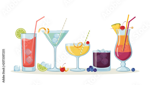 Colorful cocktails with fresh fruit garnishes in a row Vector