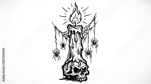 Tableau sur toile Skull Illustration with Burning Flame and Dripping Wax, Gothic Horror Style, Web