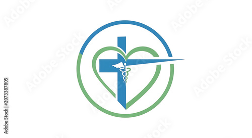 Abstract emblem combining faith and medical care within a heart shape, symbolizing holistic health, community support, and compassionate well-being