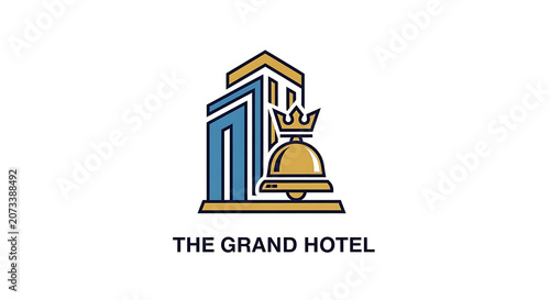 Minimalist Luxury Grand Hotel Logo Design Featuring Architectural Building Silhouette and Golden Service Bell Icon for Professional Hospitality Branding