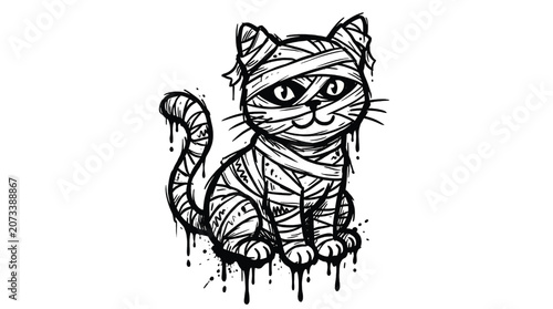 Foto Mummy Cat Illustration with Bandages and Dripping Texture in Black and White Fea