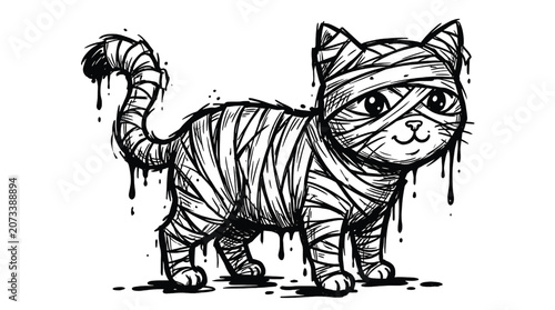 Foto Mummy Cat Illustration with Bandages and Dripping Texture in Black and White Fea